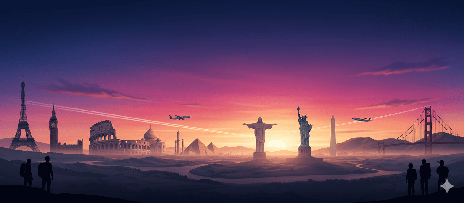 Landmarks del mundo al atardecer